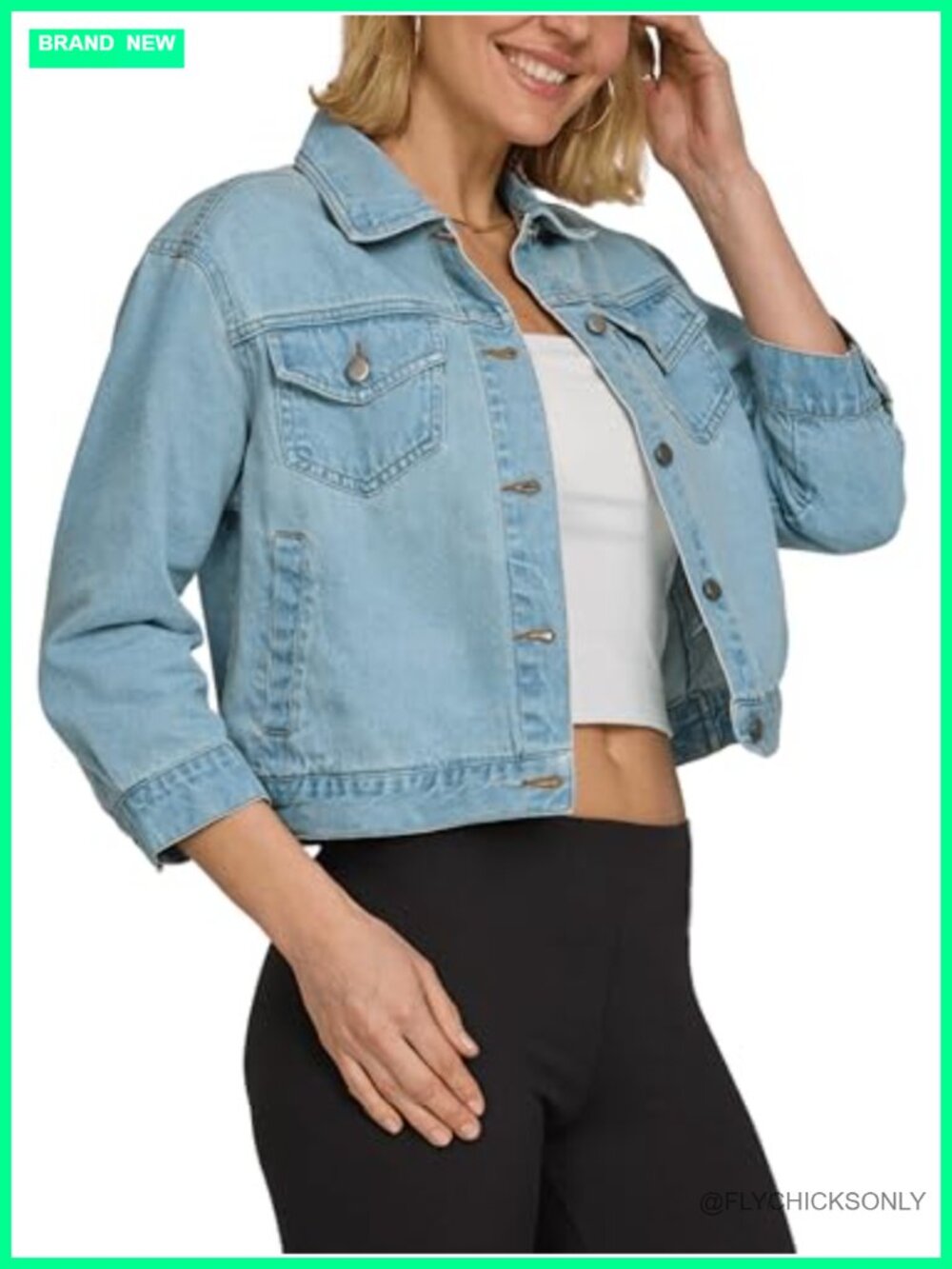 Womens Cropped Denim Jacket 3/4 Sleeve Button Up Casual Layer